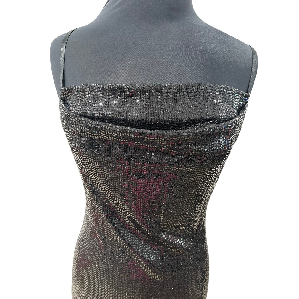 Bebe Black Sequin Cowl Neck Maxi Dress Adjustable Straps Side Slit Mens Medium